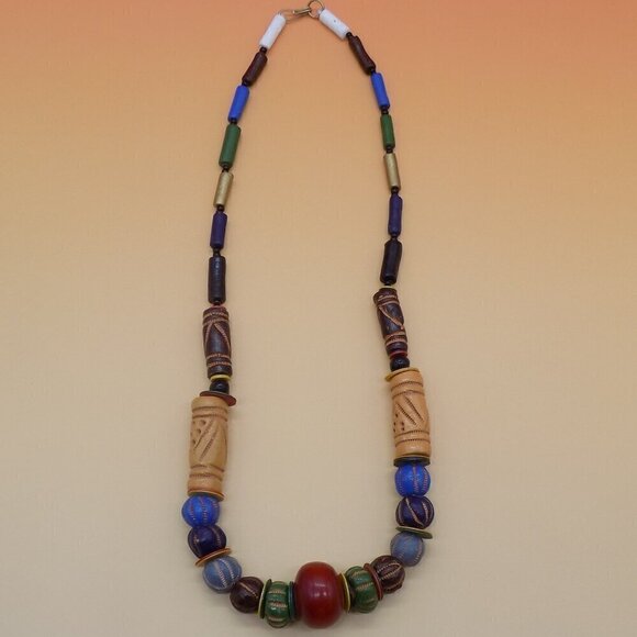 Jewelry - Vintage Necklace Carved Wood Beads Bohemian Southwest Multicolor Multi-shape